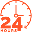 Orange outlined icon of a clock with the number 24 and the word "hours" below, representing 24-hour service.