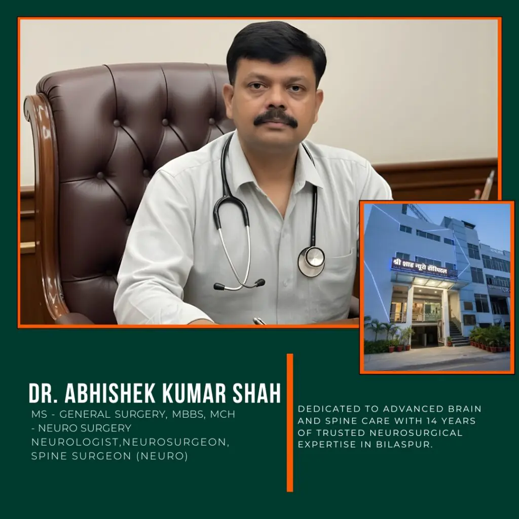 A professional portrait of Dr. Abhishek Kumar Shah, a neurosurgeon, seated at his desk with a stethoscope around his neck. An inset shows the exterior of Shri Shah Neuro Hospital in Bilaspur.