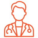 Outlined icon of a doctor with short hair, wearing a coat and stethoscope, depicted in orange.