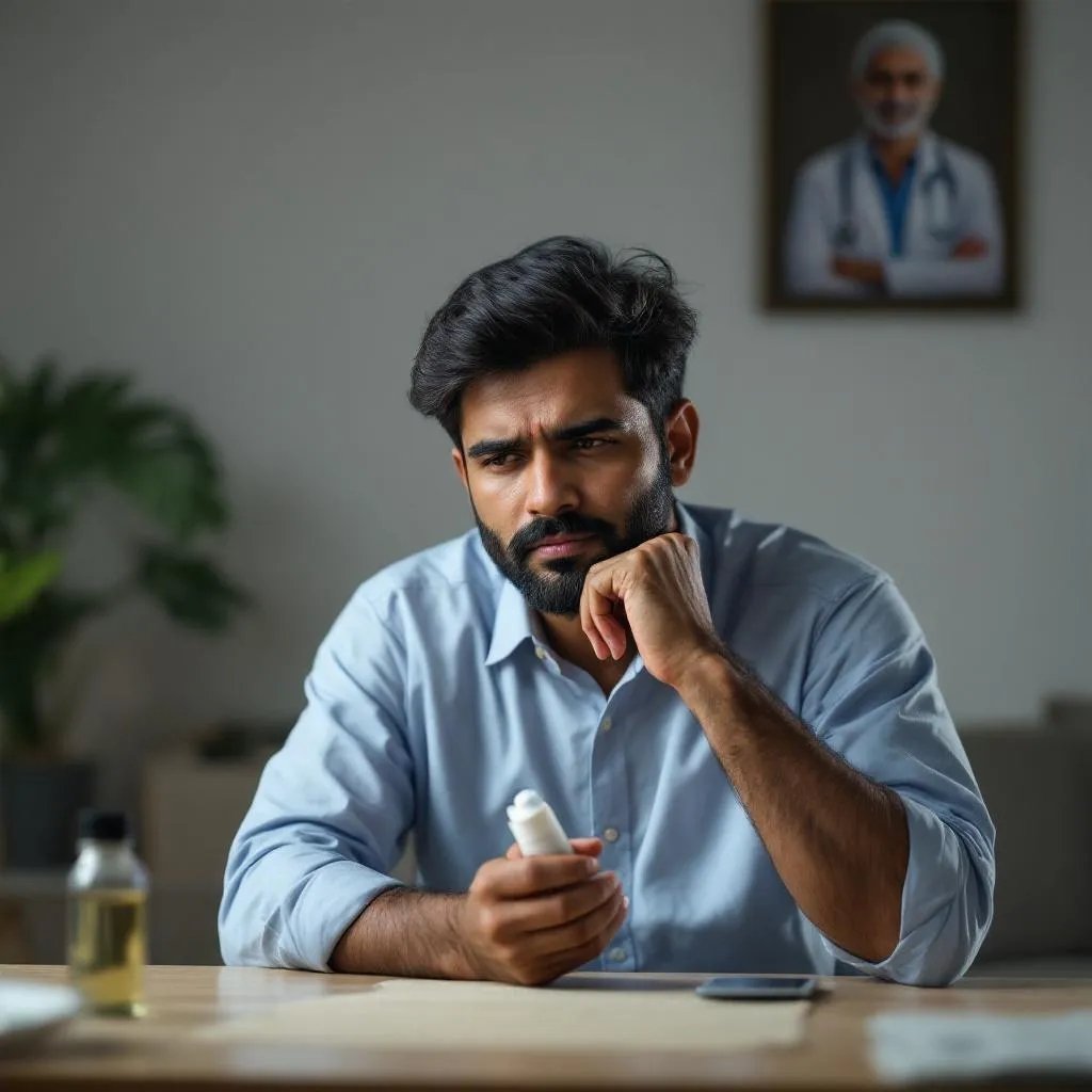 A young man with a beard in a light blue shirt sits at a table with a medicine bottle in one hand and looks concerned, as if pondering a health issue, with a framed portrait of a doctor in the background.