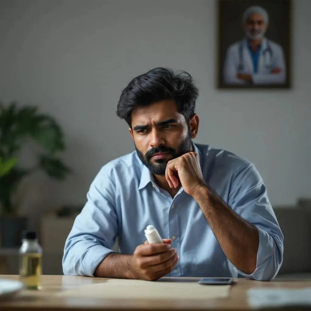 A young man with a beard in a light blue shirt sits at a table with a medicine bottle in one hand and looks concerned, as if pondering a health issue, with a framed portrait of a doctor in the background.