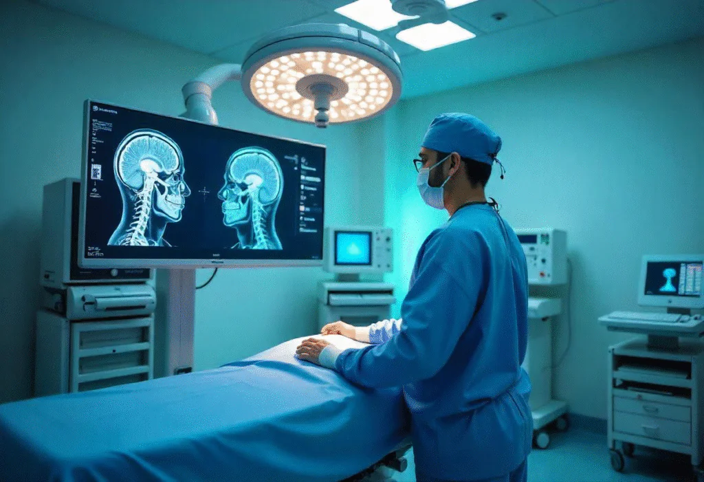 Surgeon in blue scrubs and mask stands in an operating room, viewing large medical monitors displaying brain and skull X-ray images under surgical lights.