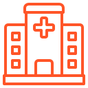 Outlined icon of a hospital building with a cross symbol above the entrance, depicted in orange.