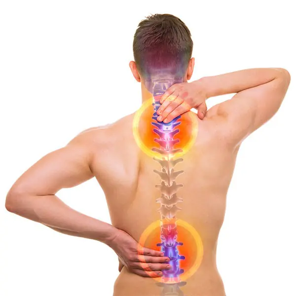 Man holding his lower back and neck with both hands, spine and pain areas highlighted in red and yellow, indicating spinal discomfort or pain.